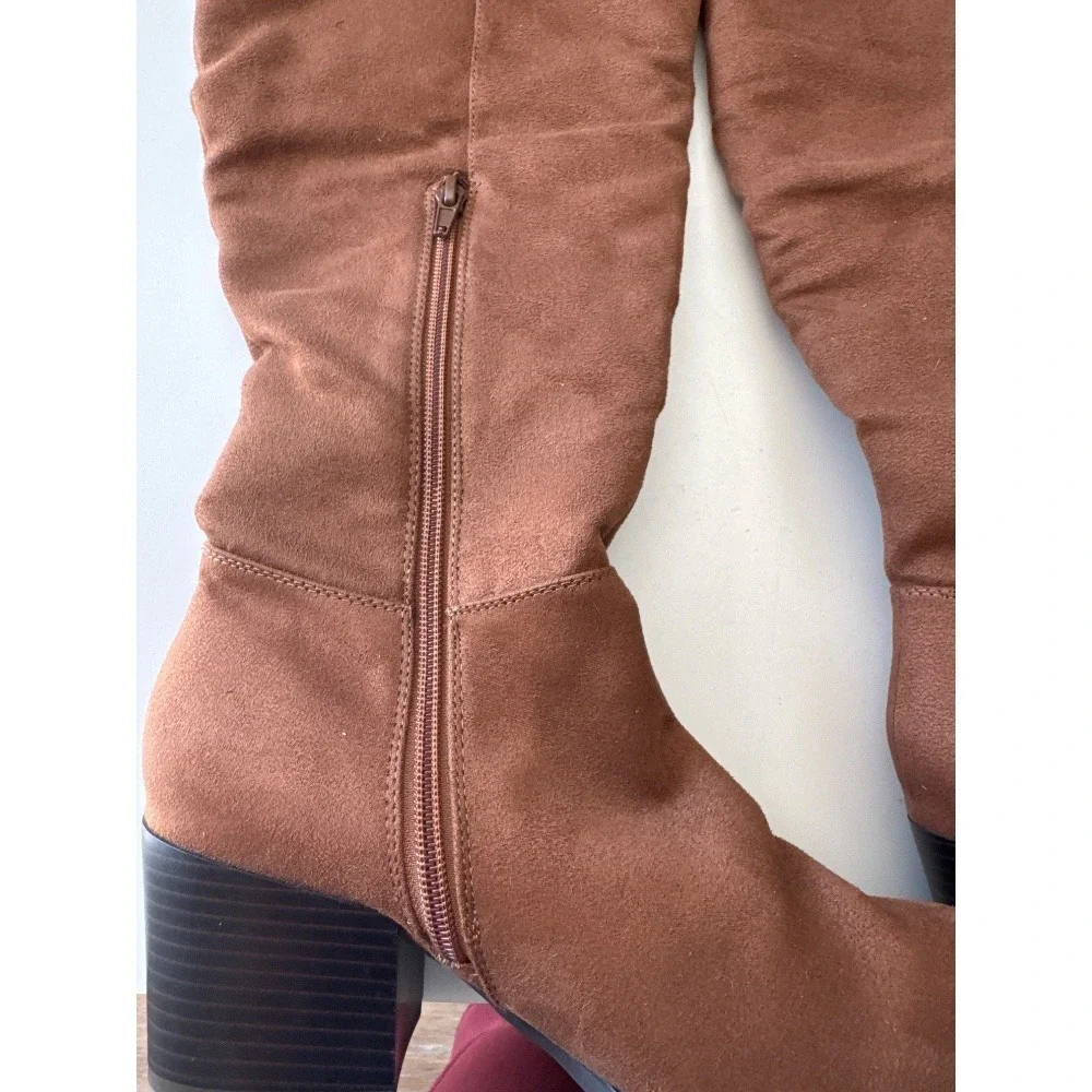 Women's Brash Faux Suede Brown Over The Knee Heeled Boots side‎ zip up size 7.5